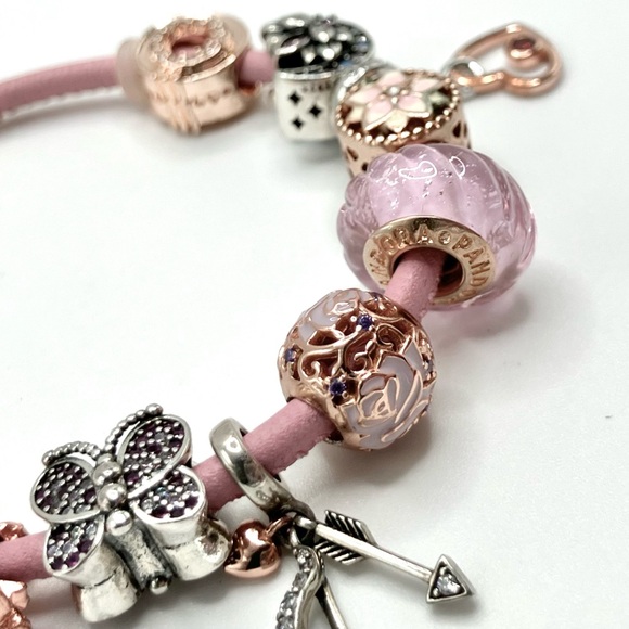 Authentic PANDORA Rose Gold two-tone w/ pink leather-band adjustable bracelet - Picture 4 of 8